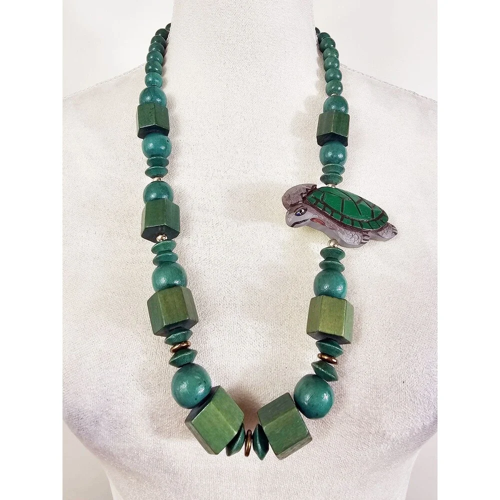 Vintage Wooden Beaded Turtle Bohemian Chunky Green Painted Bead Necklace